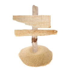 Wooden signboard with sand isolated on white background