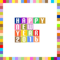 New Year Greetings for 2016 in the frame of colored squares and center with colored inscription Happy New Year 2016 in colorful squares