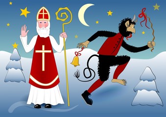 Fototapeta na wymiar Blessing Saint Nicholas in traditional white clothing with cross, miter, a crosier. Beside him crazy dancing devil with a scourge and bell. The scene in snowy winter evening landscape with moon