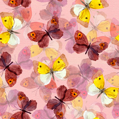 Fototapeta na wymiar Seamless pink wallpaper with watercolor hand painted bright butterfly on paper background 