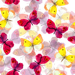 Seamless spring wallpaper with colorful watercolor drawing of red and yellow butterflies 