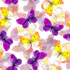 Seamless background with bright watercolor painted butterflies 