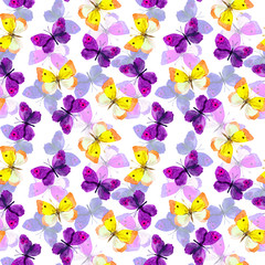 Seamless festive background with bright aquarelle painted butterflies 