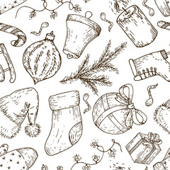 Christmas seamless pattern. Vector doodles of light, socks, gift, mitten, candle, bell, branch, candy, ball, hat, ice skate
