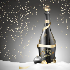 Christmas champagne bottle with gold ribbon and balls