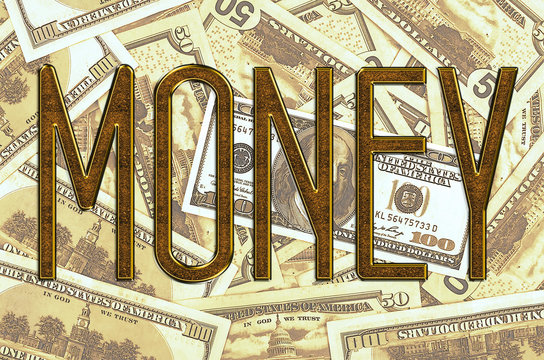  gold word "money" on the background of hundred-dollar bills