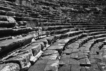 Miletus theatre stairs and seats black and white view in Turkey