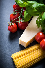 italian spaghetti ingredients, food background with copy space