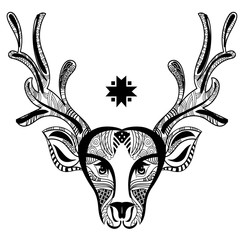 Christmas deer head doodle zentangle.Hand Drawn vector illustration. Sketch for tattoo or coloring book.