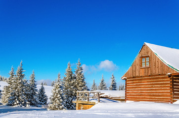 Mountain wooden hut in winter landscape