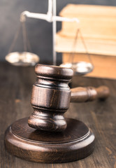 Wooden gavel on table