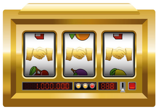 Golden handshake - slot machine with three handshake symbols. Isolated vector illustration over white background.