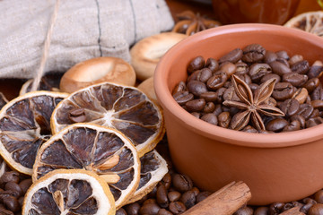 coffee beans, old lemon, cinnamon and aroma spice