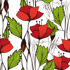Vector seamless bright ethnic endless poppies pattern, floral ornament, fashion fabric pattern