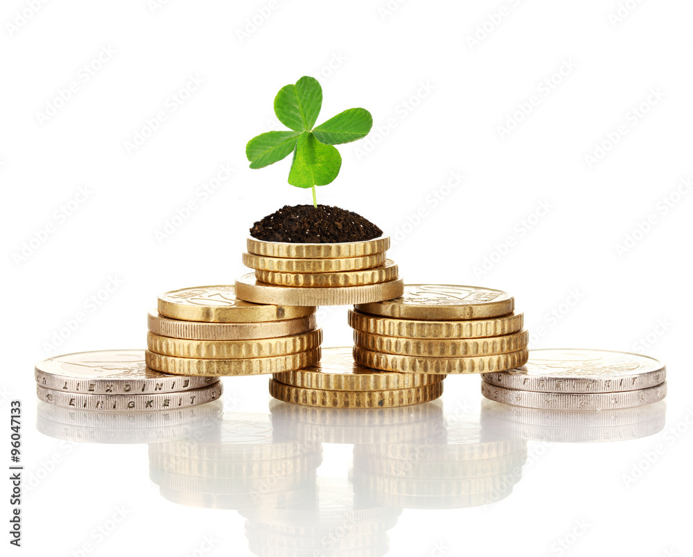 Poster clover leaf growing out on coins isolated on white