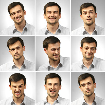 Collage of young man expressing different emotions