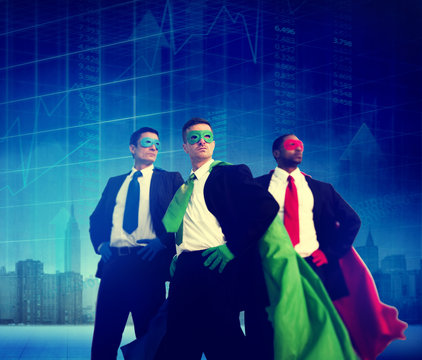 Superhero Business People Strength Cityscape Stock Exchange Conc