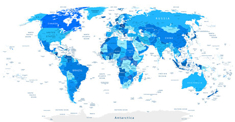 Fototapeta premium Szczegółowa mapa świata w kolorze niebieskim