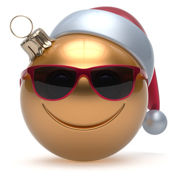 Christmas ball smiley face emoticon Happy New Year's Eve bauble cartoon decoration cute golden. Merry Xmas cheerful funny smile Santa hat glasses person laughing joy character toy adornment. 3d render