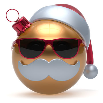Christmas ball emoticon Happy New Year's Eve bauble Santa Claus hat cartoon mustache face decoration cute golden. Merry Xmas cheerful funny glasses person laughing character toy adornment. 3d render