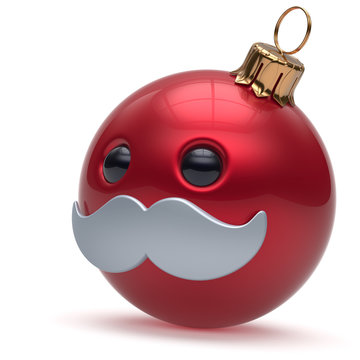 Christmas ball emoticon Happy New Year's Eve bauble ornament cartoon mustache face decoration cute red. Merry Xmas cheerful funny person laughing character toy souvenir adornment concept. 3d render