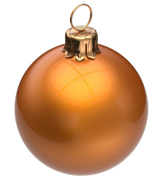 Christmas ball orange New Year's Eve bauble wintertime decoration glossy sphere hanging adornment classic. Traditional winter happy holidays ornament Merry Xmas symbol blank round. 3d render isolated