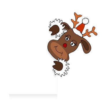 Reindeer elk Rudolph Cartoon Rudi Merry Christmas deer - holding a sign for your free text