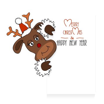 Reindeer Rudi Rudolph elk Cartoon Merry Christmas deer - holding a sign with greeting: Merry Christmas and Happy New Year