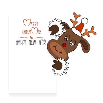 Deer Reindeer Rudi Rudolph elk Cartoon - holding a sign with greeting: Merry Christmas and Happy New Year