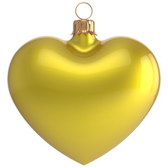 Christmas ball heart New Year's Eve bauble love decoration yellow blank adornment. Merry Xmas traditional wintertime holidays ornament romantic. 3d render isolated on white background