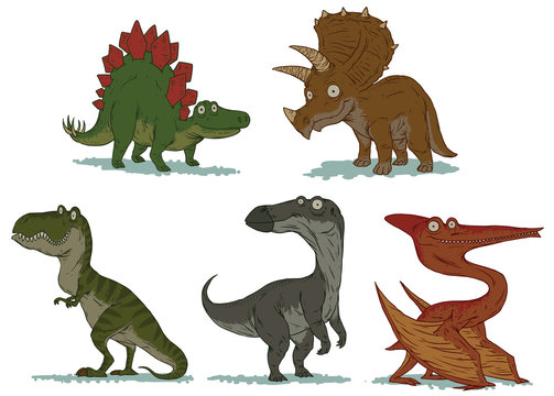 Vector Set of Cute dinosaurs. Cartoon images of five different cute dinosaurs in different colors and in different poses on a white background.
