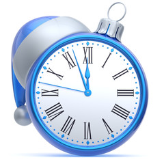 New Year's Eve alarm clock Santa hat Christmas ball decoration bauble ornament blue white. Traditional wintertime holidays midnight countdown beginning time future symbol adornment. 3d render isolated