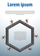 Vector Infographics. Business Image of businessmen in a brown suits running around the circle on a large hexagon on a light gray background.