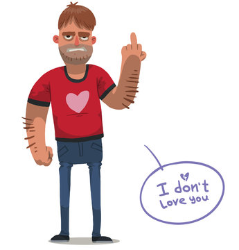 Vector cartoon image of angry  man with brown hair wearing blue jeans and a red T-shirt with pink heart sign showing a middle finger on his hand on a white background. Anti valentine.
