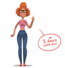 Vector cartoon image of angry woman with ginger hair wearing glasses, in blue jeans and a pink t-shirt showing a middle finger on her hand on a white background. Anti valentine.