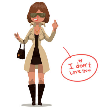 Vector cartoon image of angry woman with brown hair in sunglasses in black dress, beige coat, black boots, handbag on her arm, showing a middle finger on her hand on white background. Anti valentine.