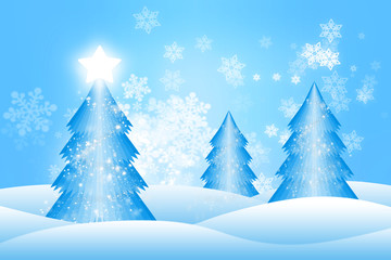 Blue Christmas Trees on a Snowflake Background