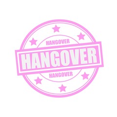 Hangover white stamp text on circle on pink background and star