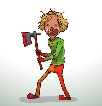 Vector cartoon image of evil clown with blond hair with a red clown nose, yellow-red pants, green jacket and red shoes with a bloody axe in his hands on a light background. 