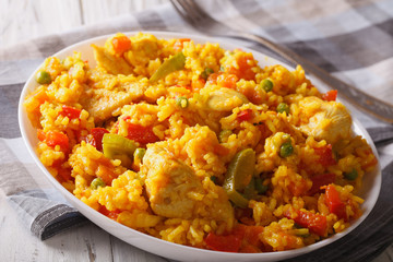 Hispanic food: Arroz con pollo close up in a bowl. Horizontal
