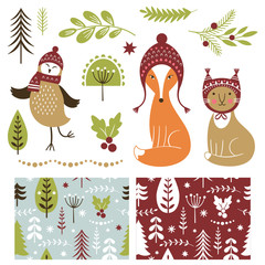 Set of Christmas illustrations,graphic elements and seamless patterns 