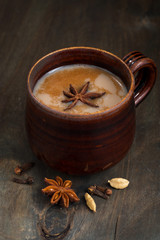 Masala tea in a ceramic mug, closeup