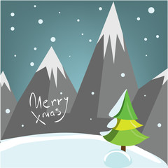 Carte de voeux de Noël décorative avec pin des montagnes et neige. Conception d& 39 hiver, affiche de fête illustrée. Enveloppement. Fond. Carte postale
