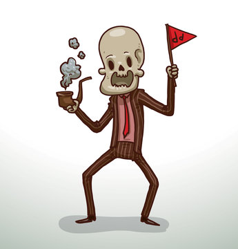 Vector Cute death is smoking. Cartoon image of a cute death in a brown striped suit, pink shirt and red tie with a pipe and a red flag in his hands, is smoking on a light background.