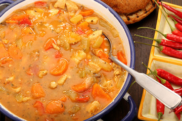 Chicken stew with hot chilli in metal pot