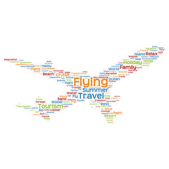 Vector conceptual travel or tourism plane word cloud