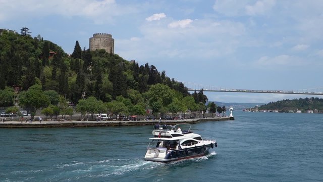 Cruising in the Bosphorus Strait with a touristic boat in Istanbul Turkey. Slow motion, slowed down from 50p to 25p in Adobe Premiere Elements.