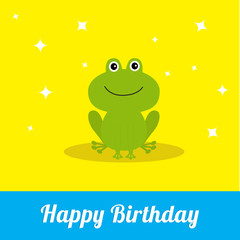 Happy Birthday card with cute frog. Baby background Flat design Sparkles