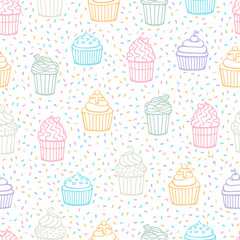 Vector seamless pattern with sweet cape cakes. Hand drawn doodle muffin and confetti. Colorful cape cakes on white background.