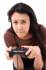 stressed, exited female gamer isolated